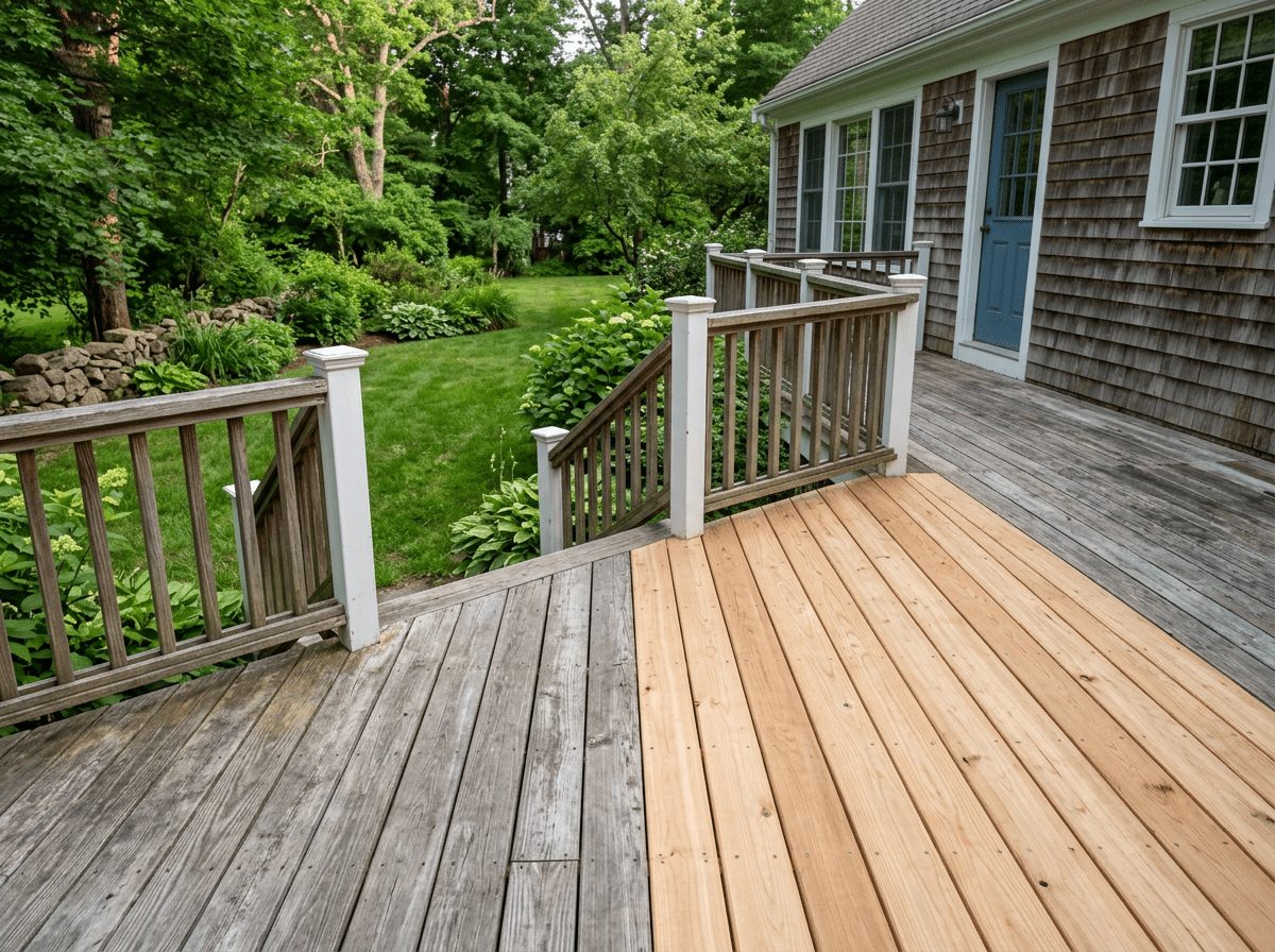 Completed deck board replacement in Hopkinton, MA — soft boards replaced and the whole surface re-secured and cleaned by JP Creative Maintenance