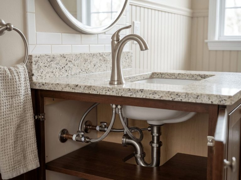 Completed faucet and fixture installation in Bellingham, MA — new brushed faucet with renewed supply lines under the sink