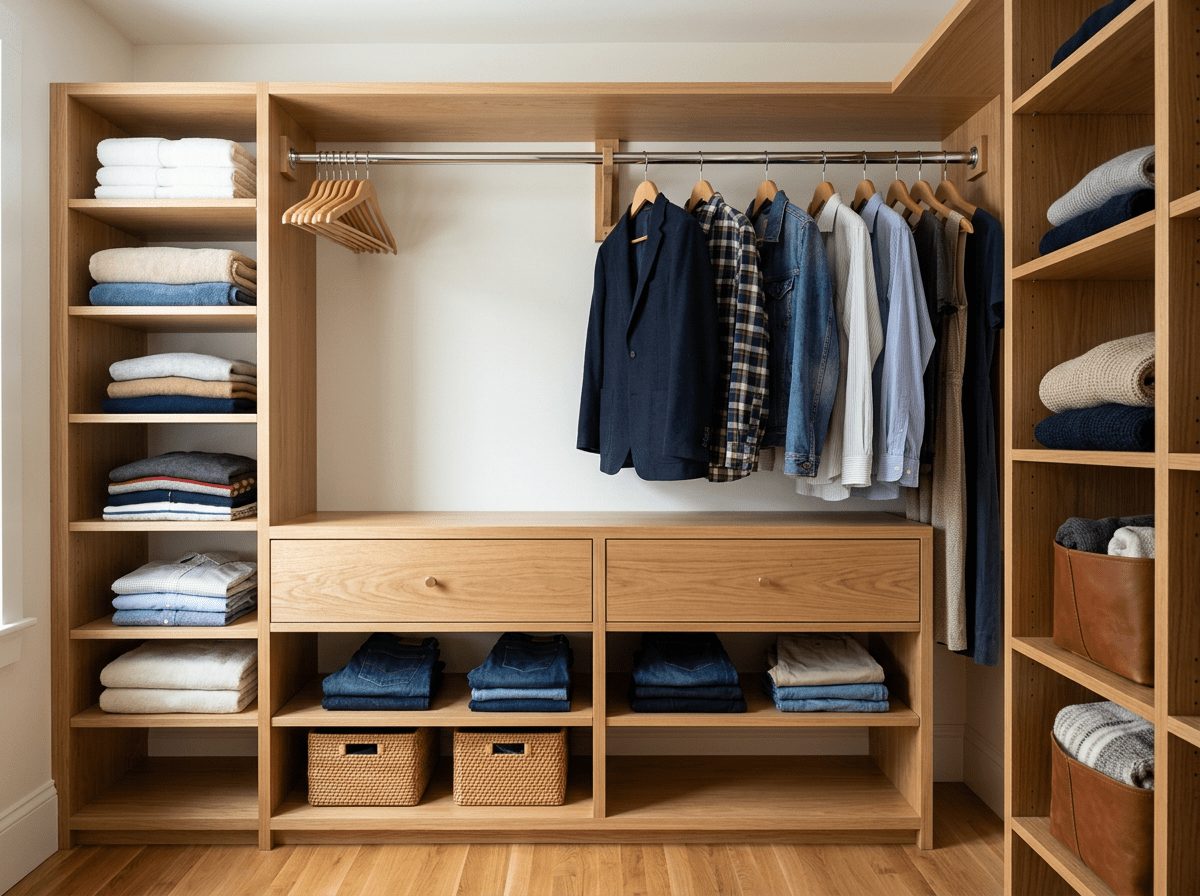 Completed closet carpentry in Bellingham, MA — custom wood shelving, drawers, and rod replacing wire shelving