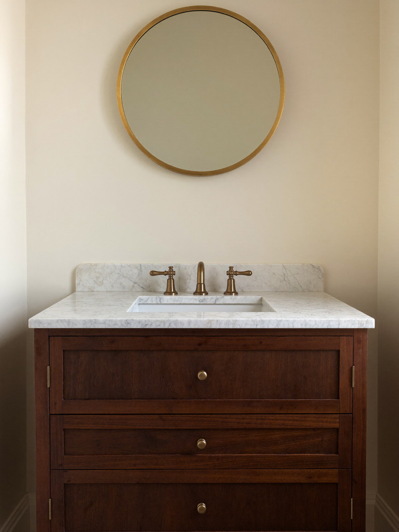 A dark walnut single vanity with a white carrara marble top in a Beacon Hill rowhouse bathroom, unlacquered brass hardware and a simple round brass-framed mirror, ivory walls, the marble freshly wiped and completely clear from edge to edge