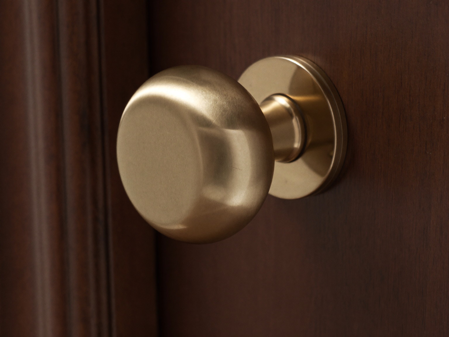 Macro photograph of a classic unlacquered brass round door knob, a smooth plain ball-shaped knob on a simple round rosette, mounted on a dark walnut paneled door, shallow depth of field