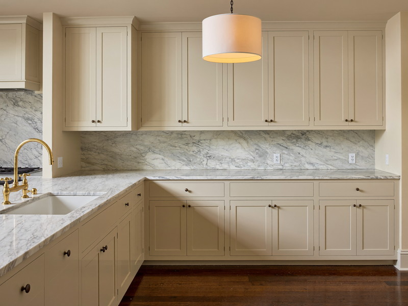 Wide view of a finished galley kitchen in an older Boston rowhouse: tall ivory inset cabinetry, carrara marble counters and backsplash, unlacquered brass gooseneck faucet, dark walnut floorboards, warm pendant light