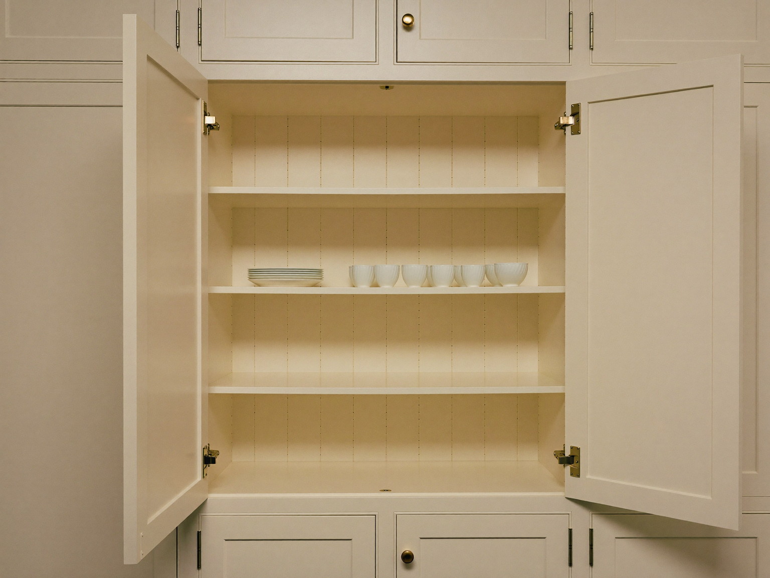 Floor-to-ceiling ivory painted pantry cabinetry in a compact rowhouse kitchen with the doors standing open: plain white plates and bowls with no relief or pattern on one shelf, the other shelves bare, brass latch hardware