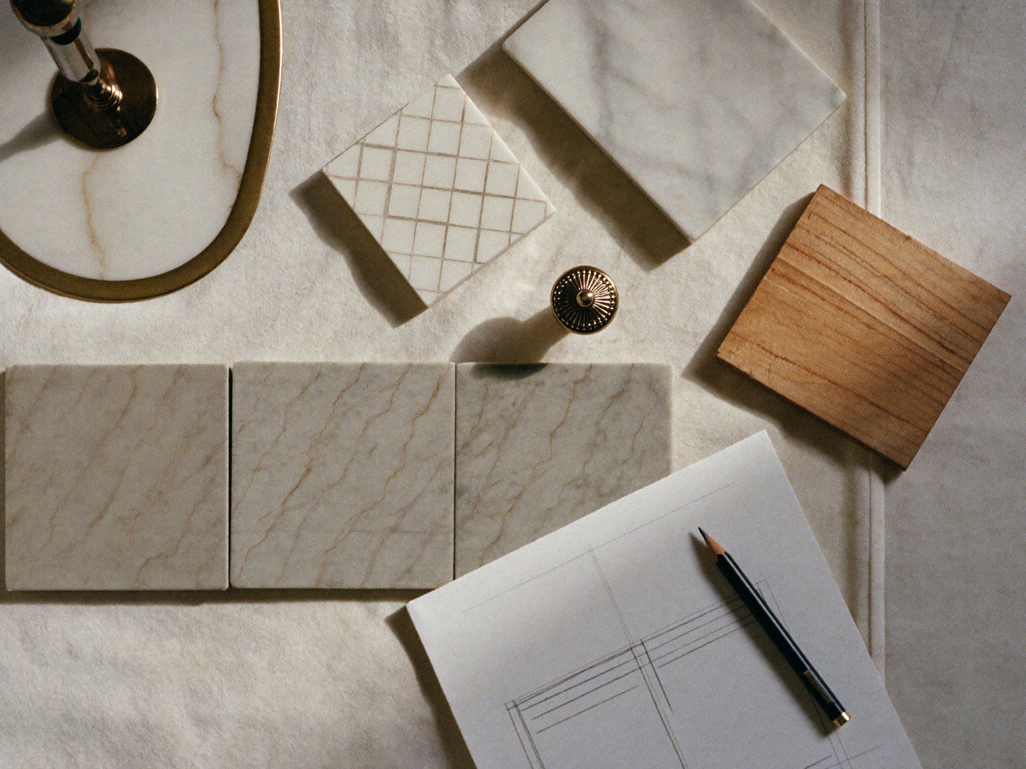 Bathroom material samples — zellige tile, marble, rift oak, and brass — arranged on linen beside a pencil sketch