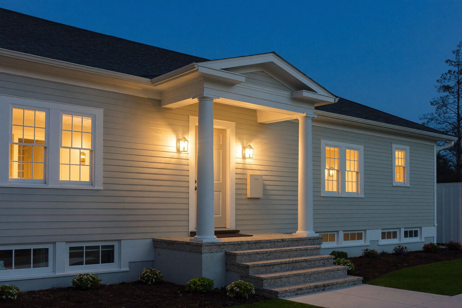 Well-kept home exterior glowing at dusk with lantern lighting