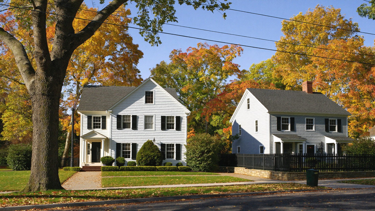 Quiet Massachusetts residential street in autumn with a white Colonial and grey Cape among sugar maples