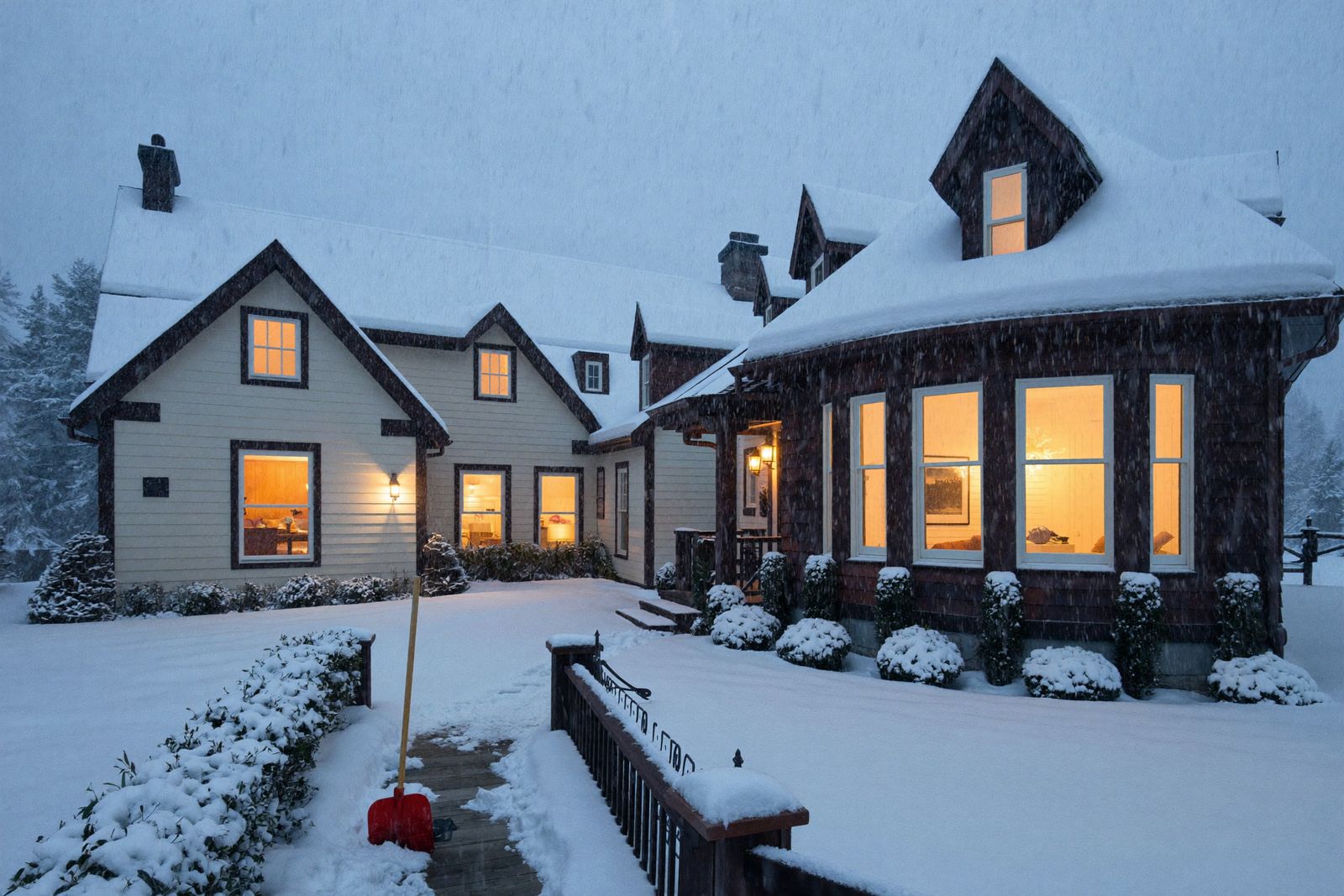 Colonial home with warm lit windows after snowfall