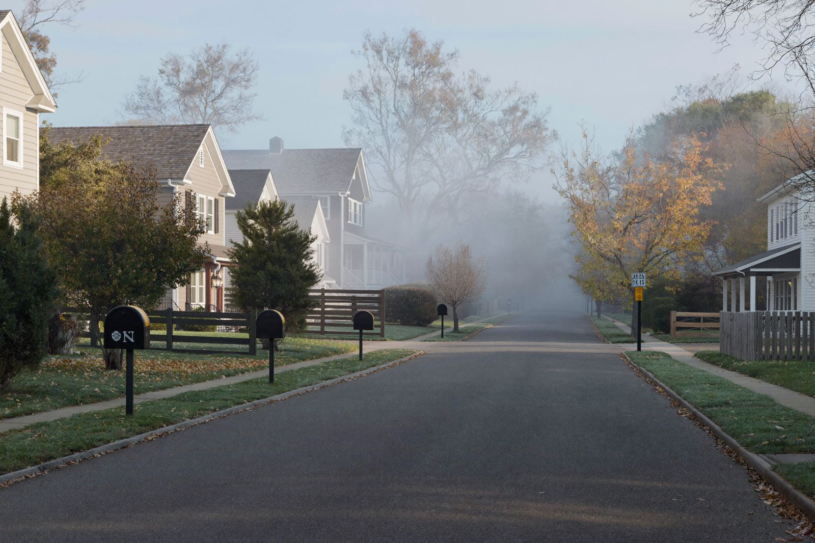 Maple-lined residential street in Bellingham, MA in the fall