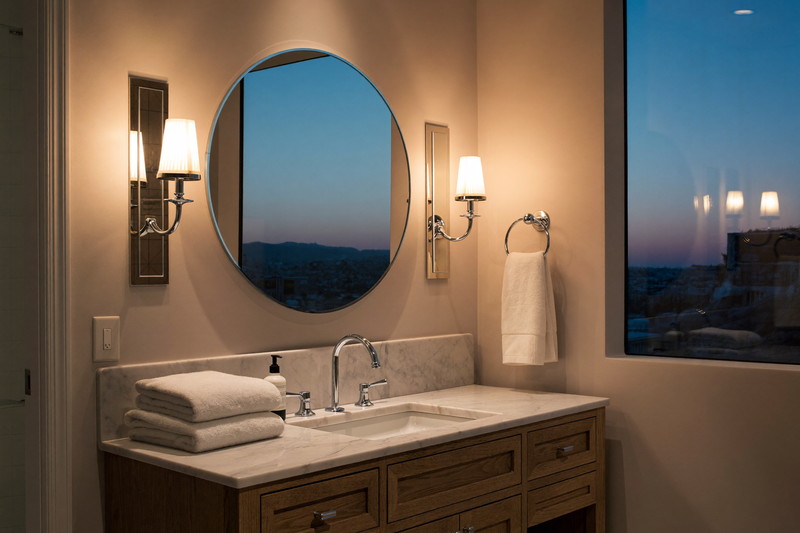 A calm finished bathroom corner at dusk: lit chrome sconces beside a round mirror, white oak vanity, carrara marble glowing warm, folded white towels
