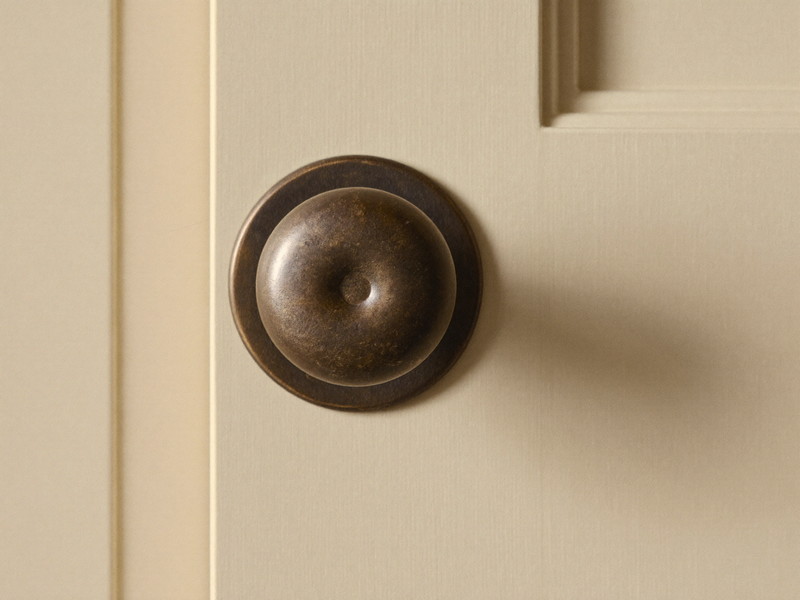 A solid oil-rubbed bronze surface-mounted latch on a cream painted paneled door, plain unmarked metal, macro detail, soft side light