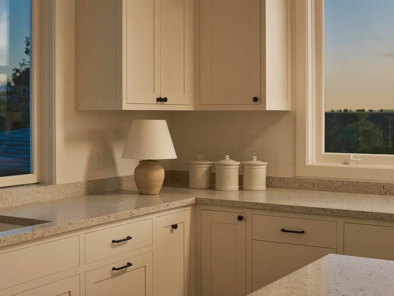 Corner of a finished kitchen at evening: ivory cabinetry, pale granite, a small ceramic lamp glowing on the counter, plain unlabeled ceramic canisters