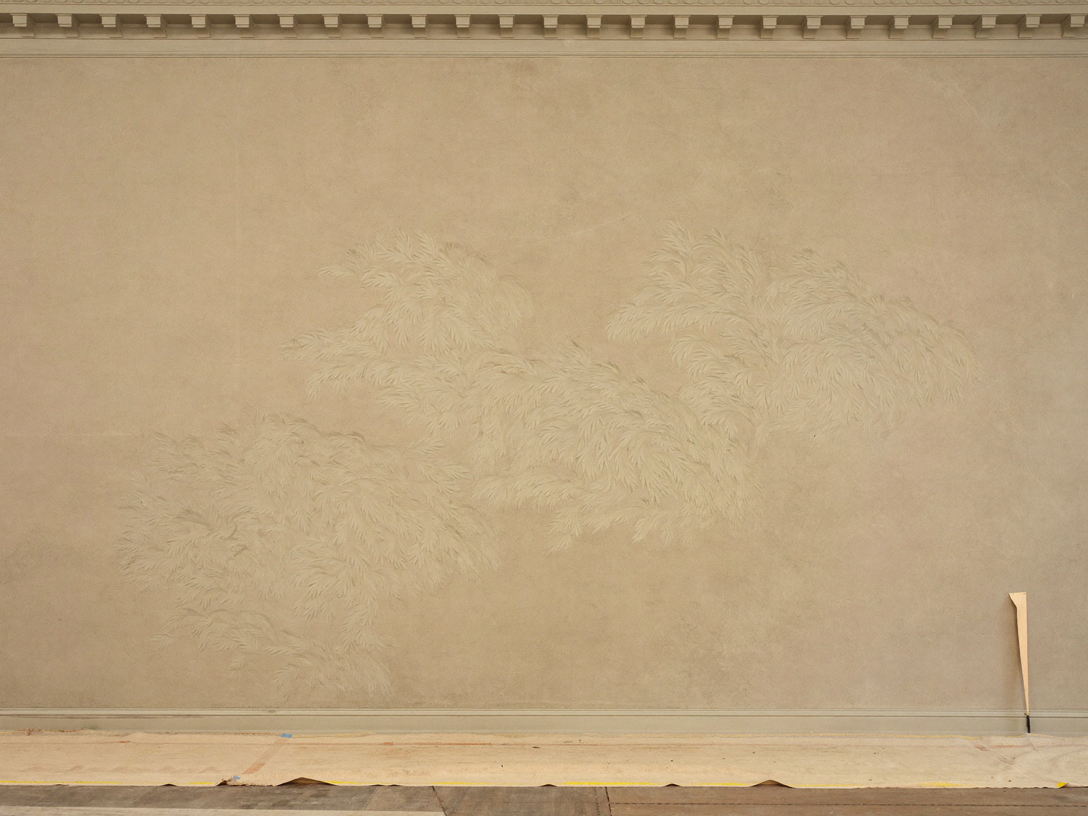 An older plaster wall mid-preparation: sanded joint-compound patches feathered smooth, deep crown molding above, floor protected with clean canvas