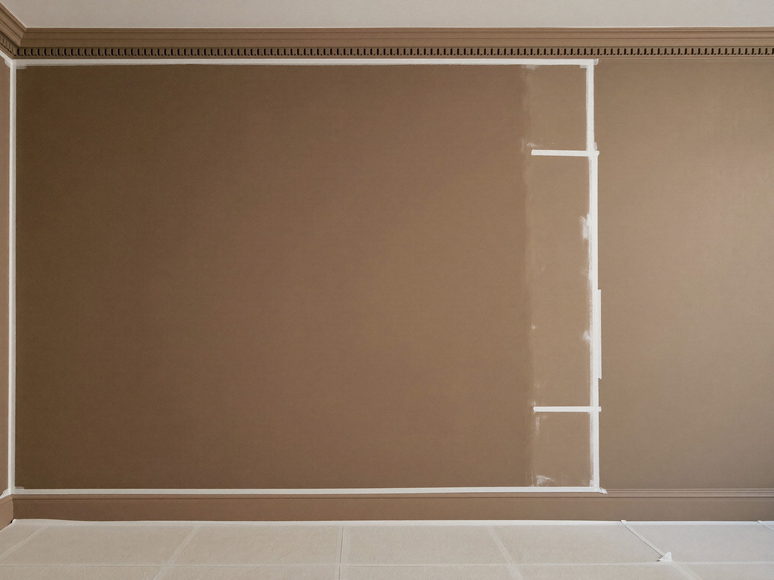 Interior repaint preparation in an older home parlor: sanded plaster patches primed on one wall