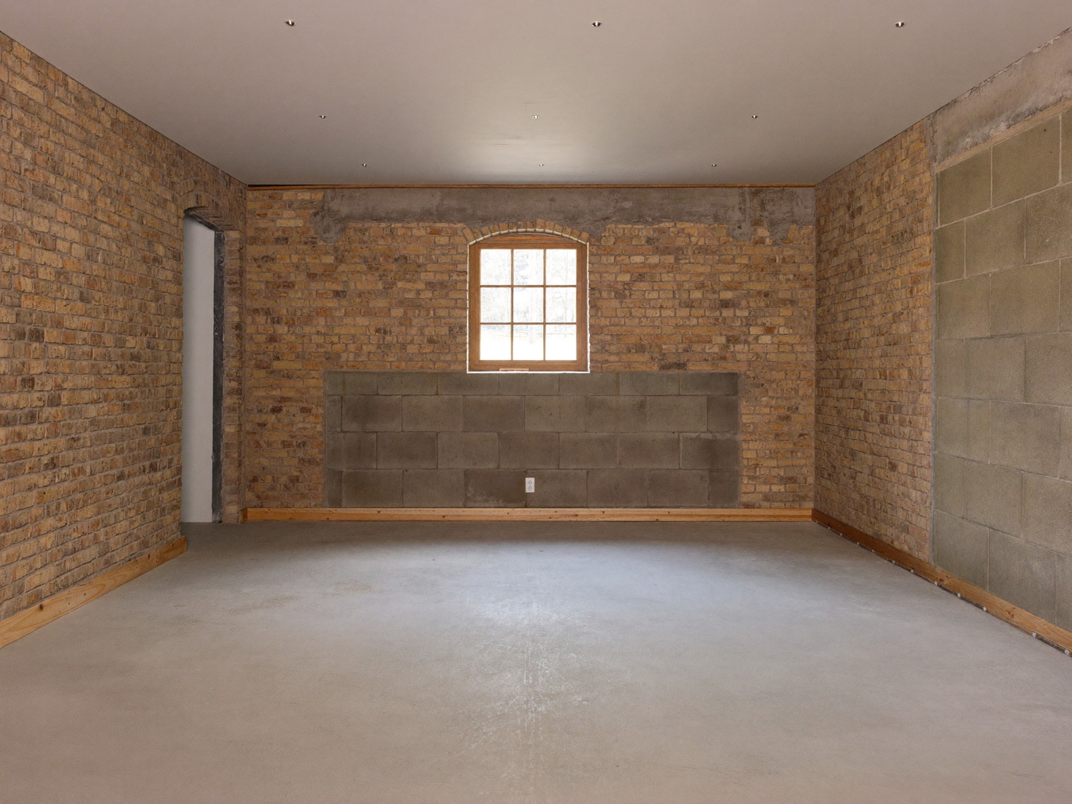 A clean unfinished basement in an older city home before renovation: aged brick foundation walls, smooth broom-swept concrete floor, a single small window well