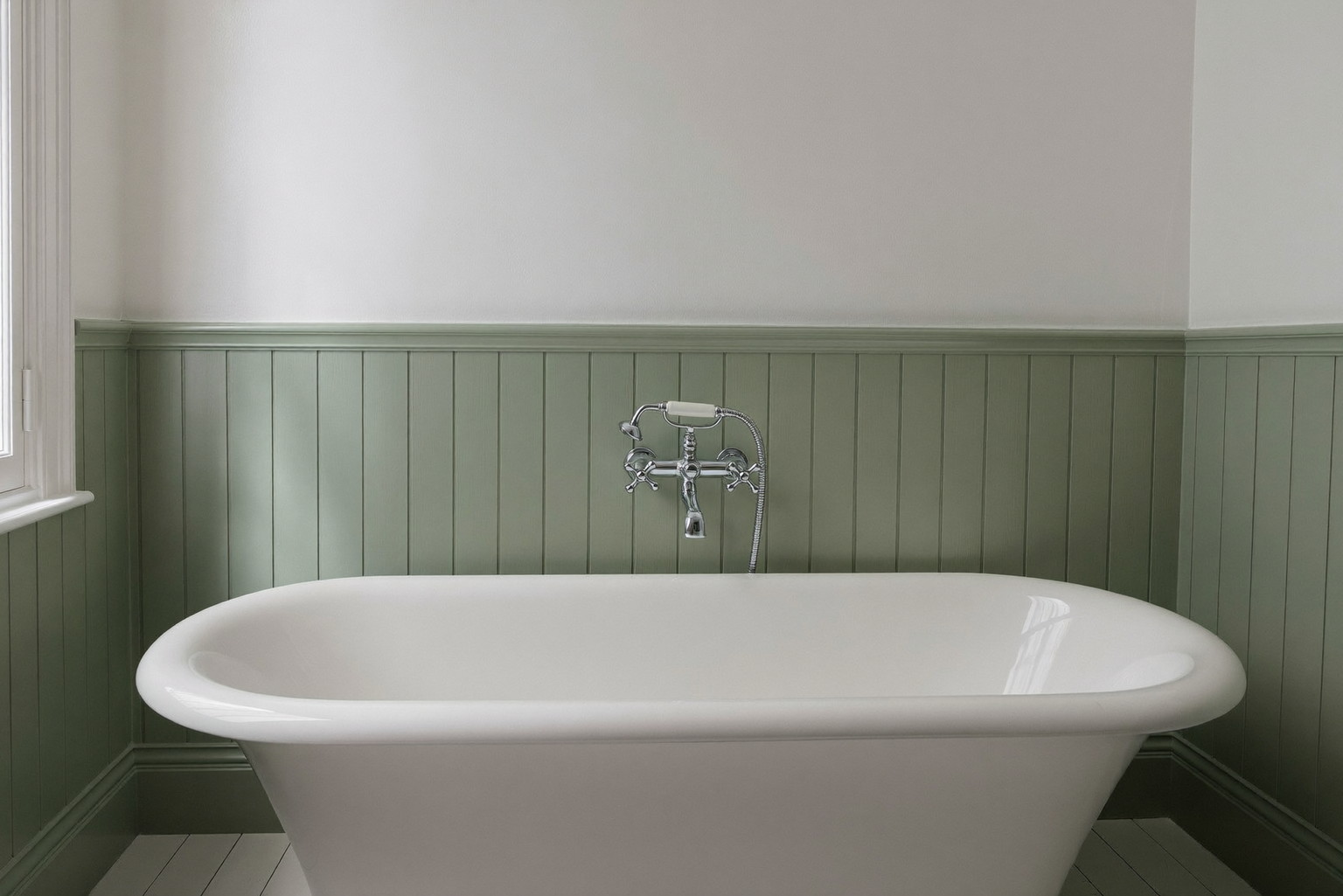 A renovated bathroom in an older Cambridge home: white rolled-rim tub with a polished chrome floor-mounted filler with smooth round handles, sage-green paneled