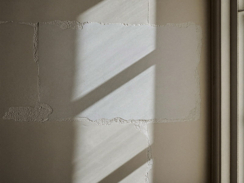 A smoothly patched and sanded plaster wall section in an older home, feathered edges blending into the original surface, dust brushed clean, raking window