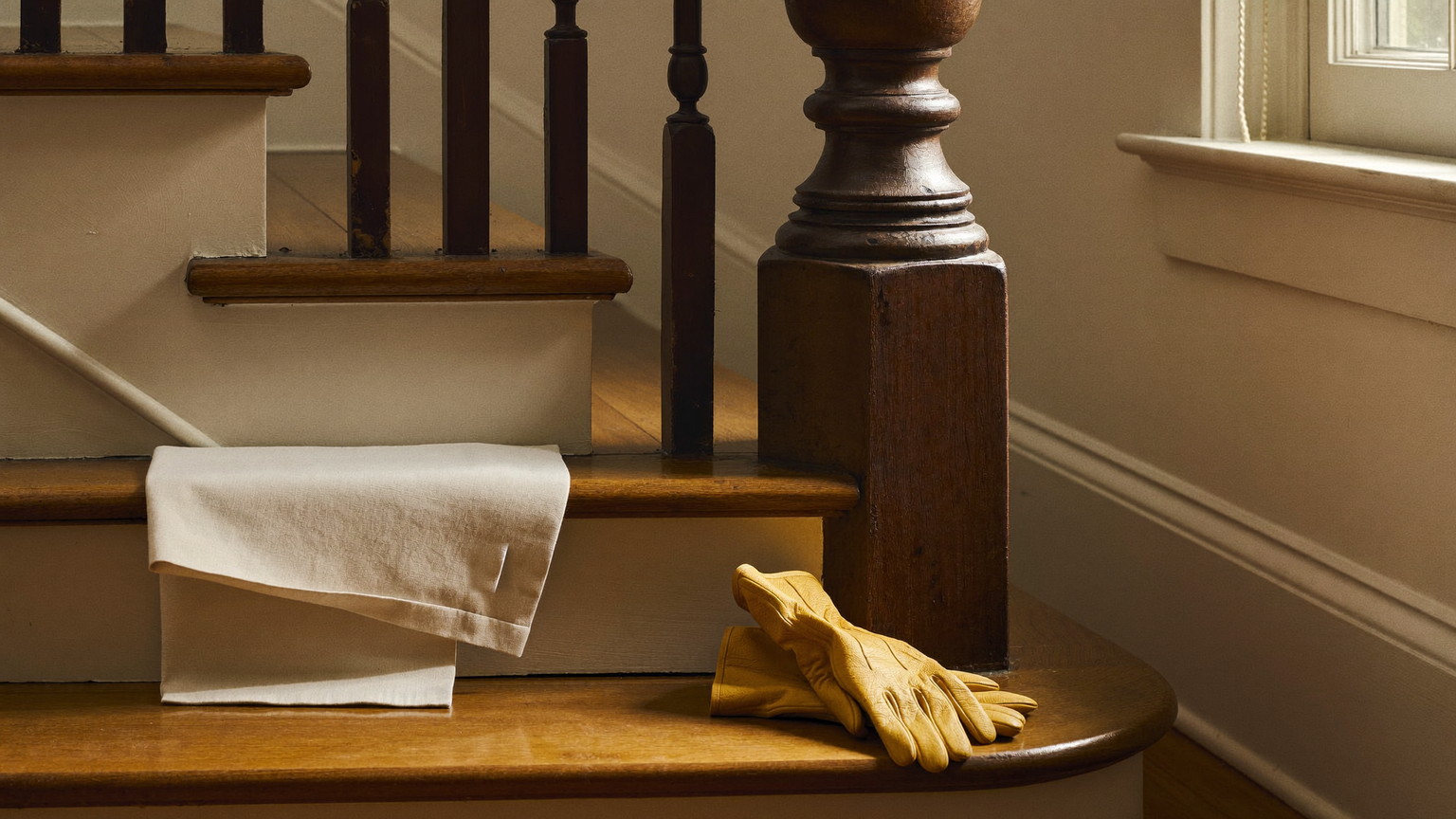 Editorial photograph of a quiet work moment in the hall of an older Cambridge Massachusetts home: a folded canvas drop cloth and a pair of plain tan leather