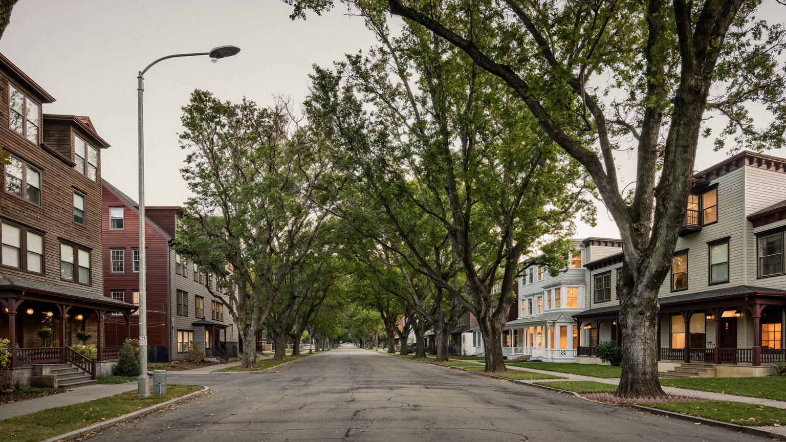 A quiet leafy Cambridge Massachusetts residential street in early evening: wooden triple-deckers and Victorians with porches, warm windows beginning to glow