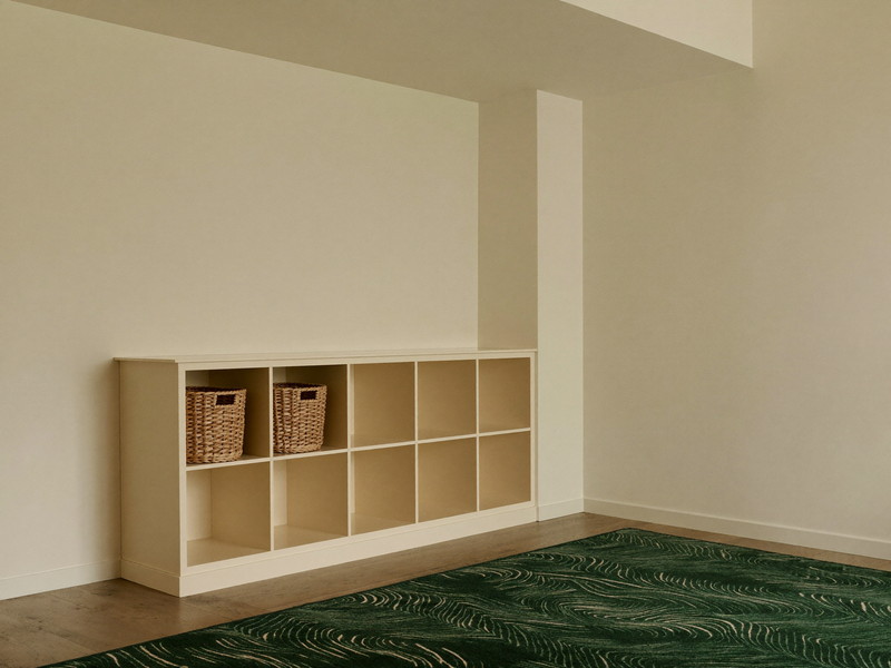 A softly lamplit family corner in a finished Framingham basement with a smooth flat ceiling: a low cream built-in cubby unit with plain woven baskets