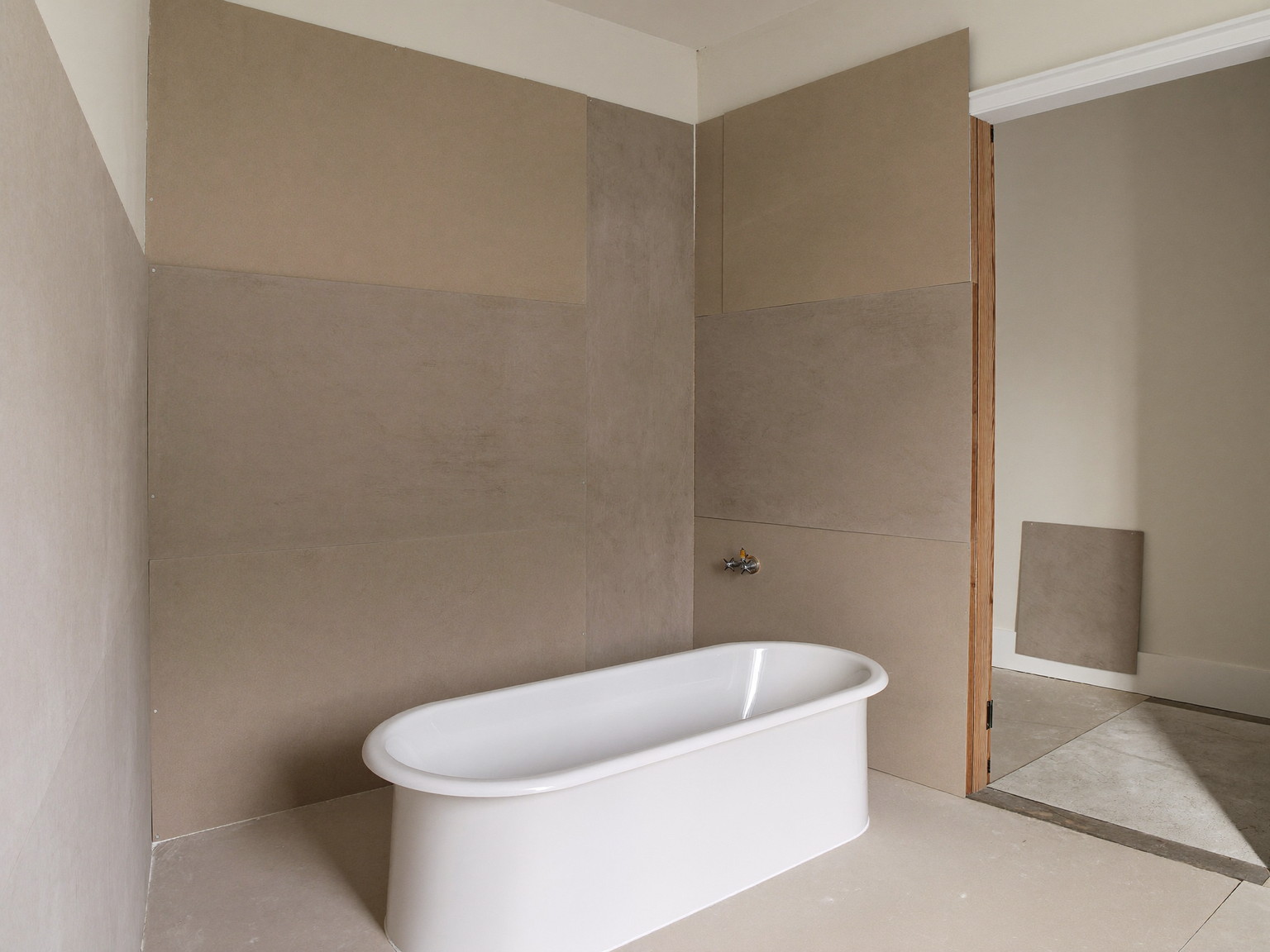 Mid-renovation bathroom in an established Framingham colonial, tidy and completely vacant: fresh cement backer board fitted cleanly on the walls