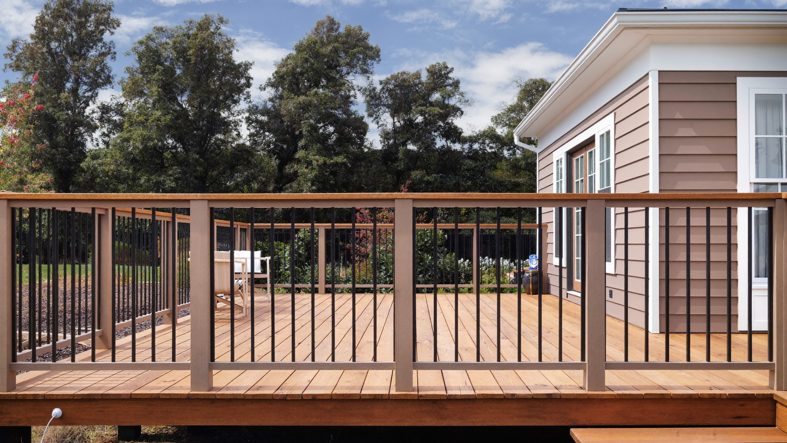 A beautifully rebuilt backyard deck on an established Framingham Massachusetts colonial, photographed for a design journal: warm hickory-toned decking