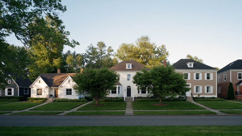 A quiet Framingham Massachusetts residential street in soft evening light: comfortable established colonials, capes, and split-levels set apart on deep green lawns