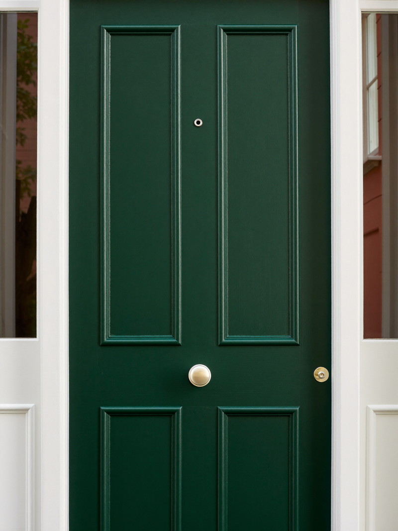 A freshly painted deep forest-green front door on an established Framingham colonial: smooth satin finish, raised panels
