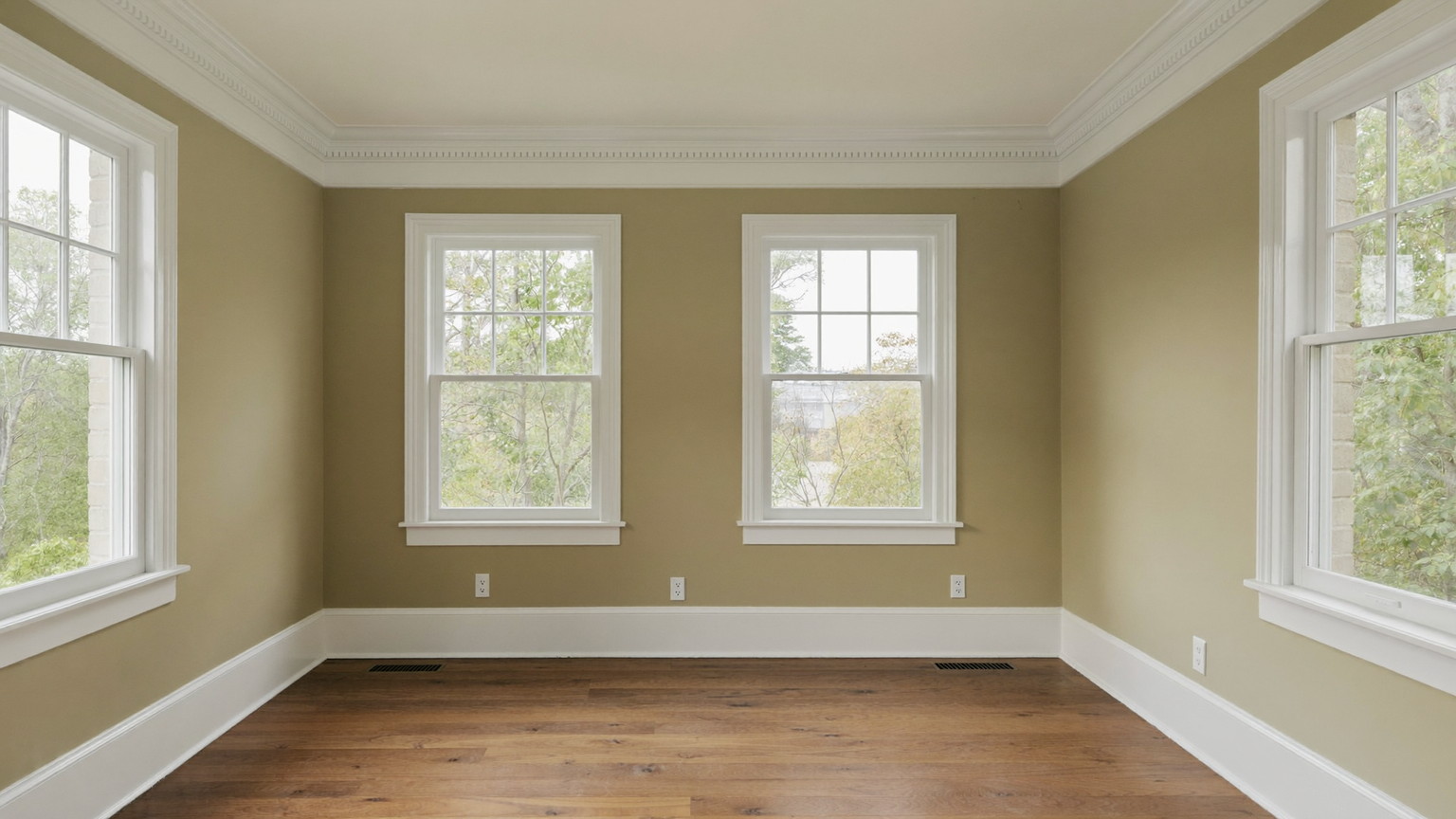 A freshly repainted family room in an established Framingham Massachusetts colonial: warm greige walls, bright white glossy trim and crown molding, restored plaster