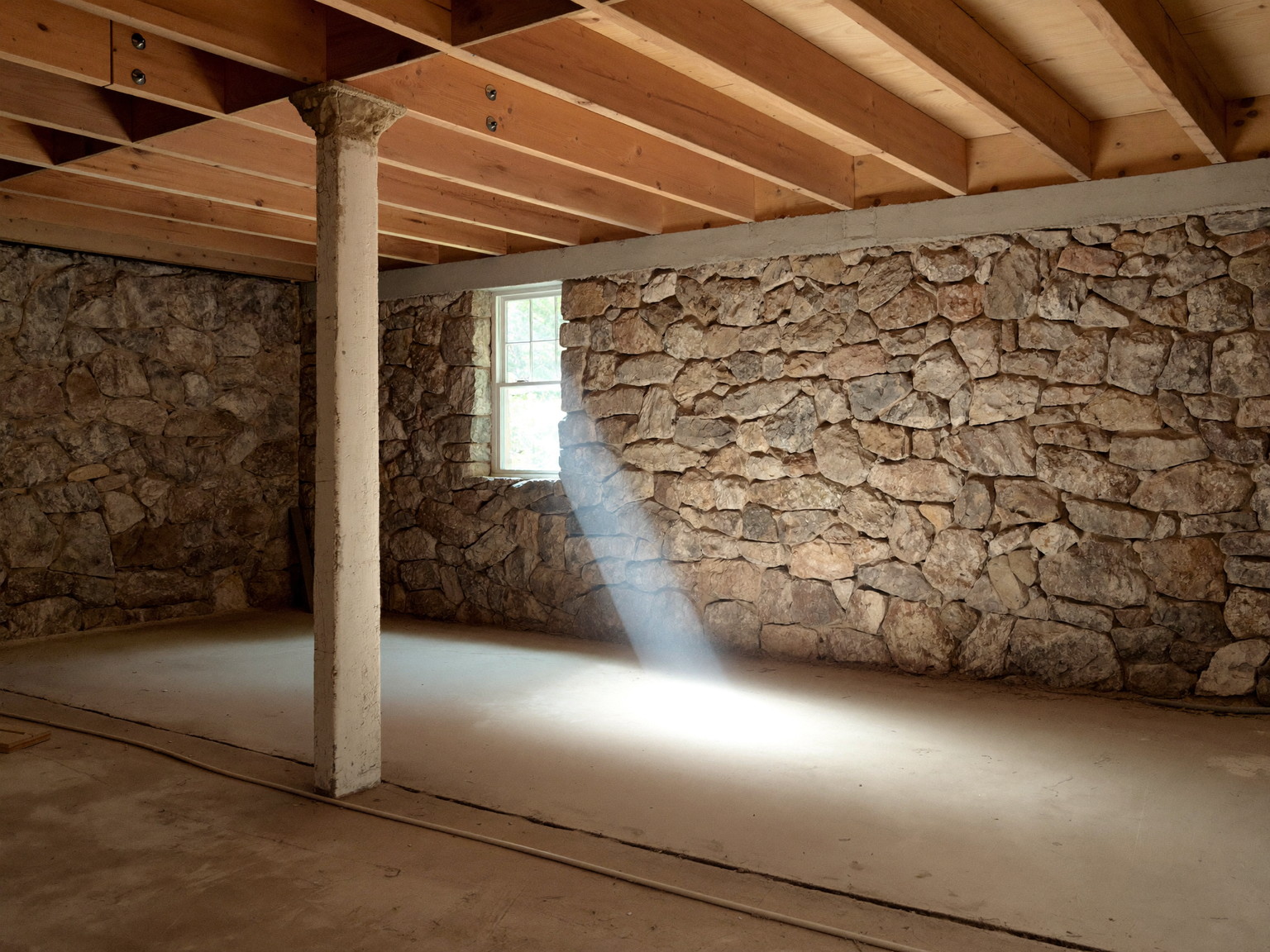 Honest unfinished New England basement with fieldstone wall, exposed joists, a lally column, and a small window