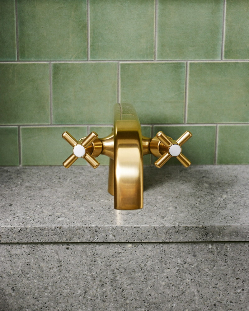Detail of an antique-brass tub filler against oak paneling and a bright window
