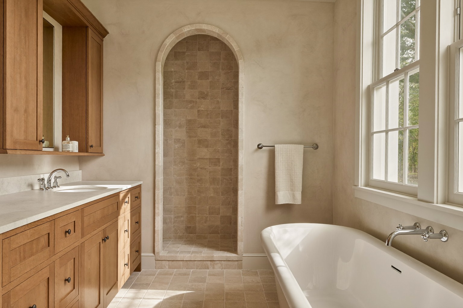 Freestanding tub beneath a dormer window in a Cape-style bathroom with painted paneling