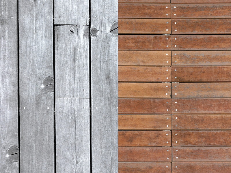 Weathered grey deck boards with surface rot beside newly installed cedar boards, seen from above