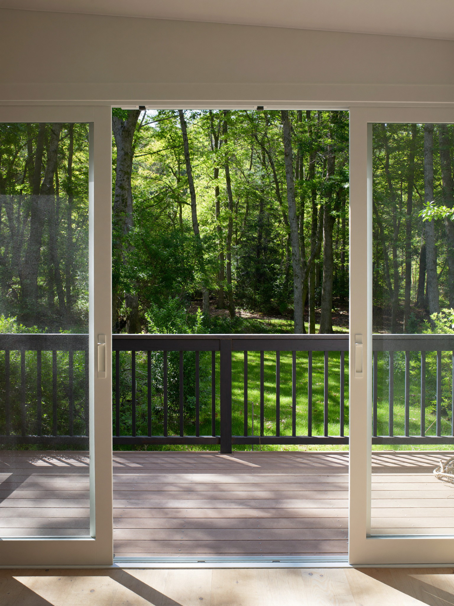 View through an open glass door from a kitchen onto a composite deck with black metal railing and dense green woods beyond