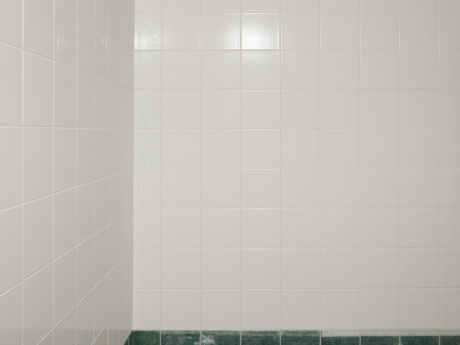 A bathroom renovation in progress in an established suburban home: shower walls newly tiled in white ceramic with clean straight joints, grout lines not yet