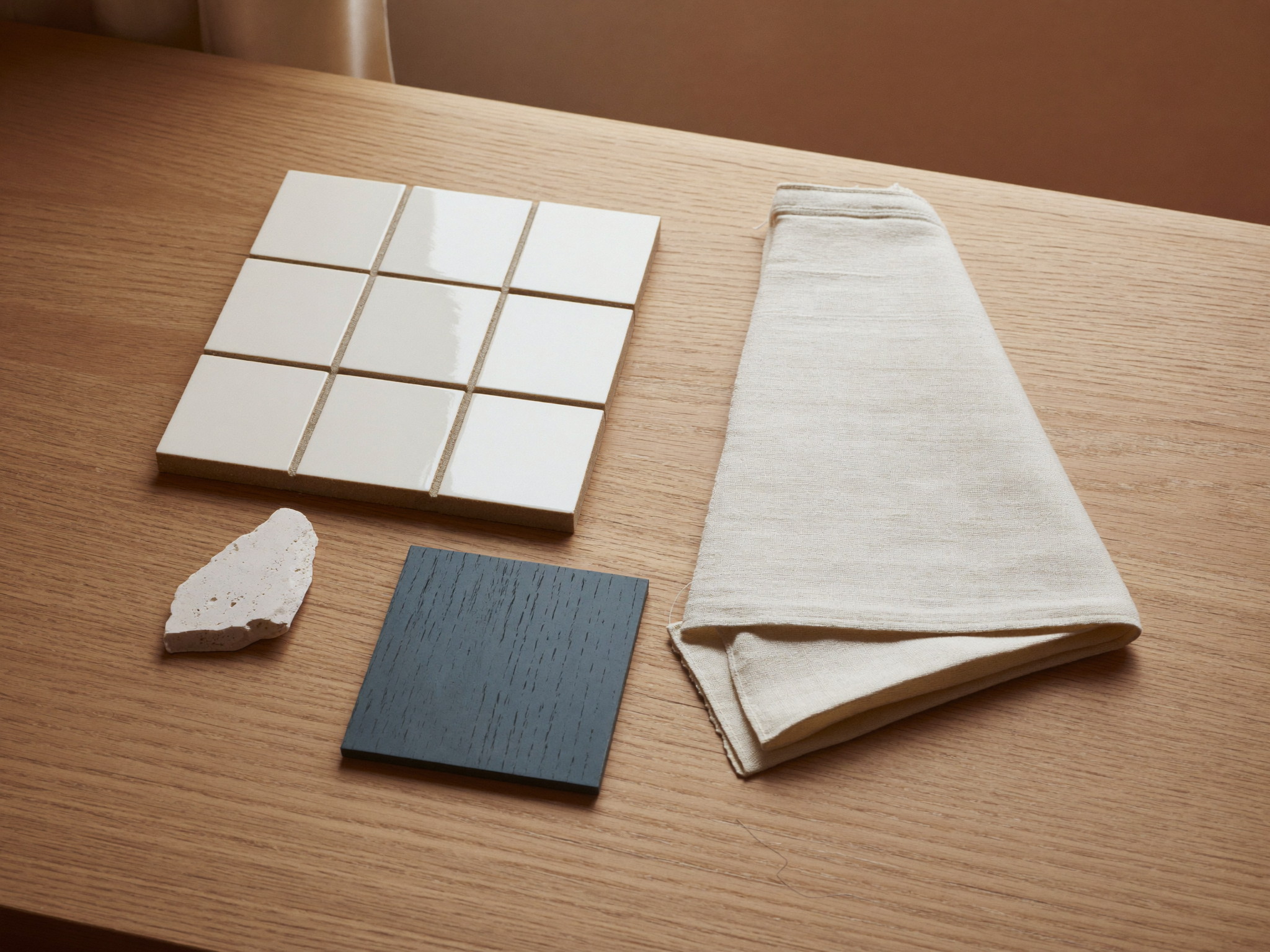 Flat-lay still life on a warm white oak table: two flat white square ceramic tiles, one honed white stone square, one slate-blue painted wood sample chip
