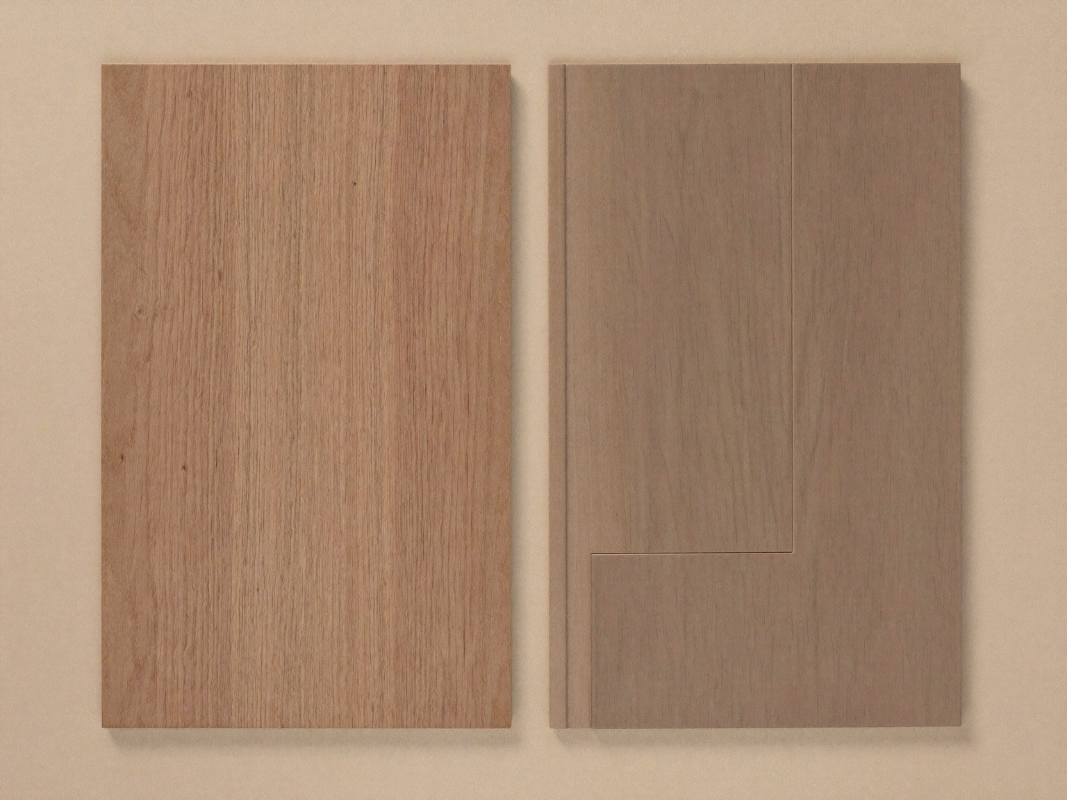 Overhead still life of warm cedar and gray-brown composite deck board samples laid parallel side by side on a plain light wood work table, nothing else on