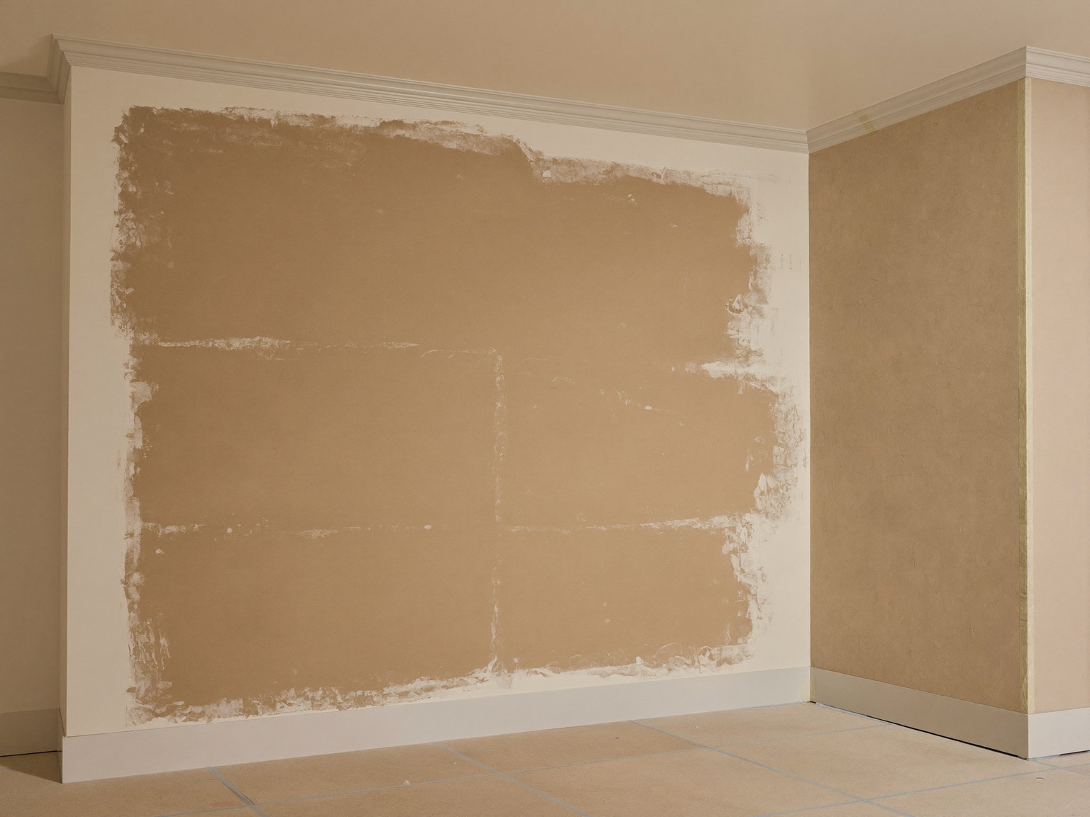 Interior repaint preparation in an established living room: sanded plaster patches primed on one wall, crown molding edges cleanly masked with plain tape