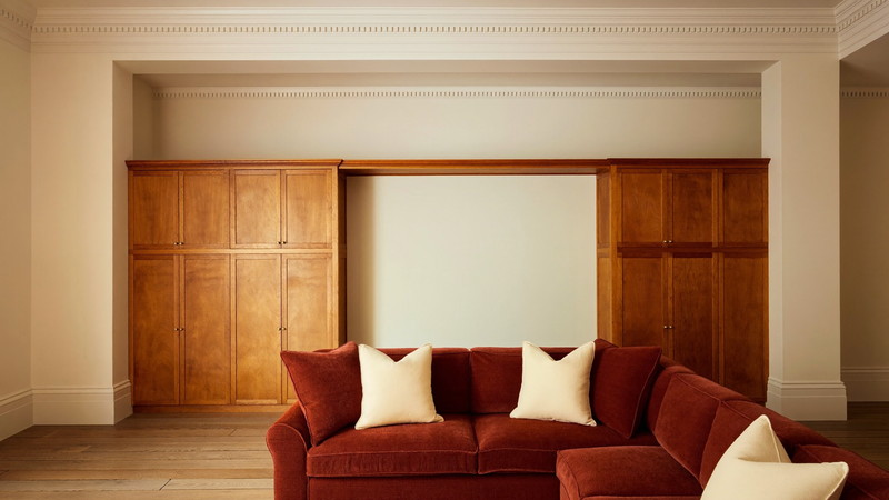 The finished lower level of a historic Lexington Massachusetts colonial, softly lit: ivory walls, warm maple built-in media wall with plain closed cabinets