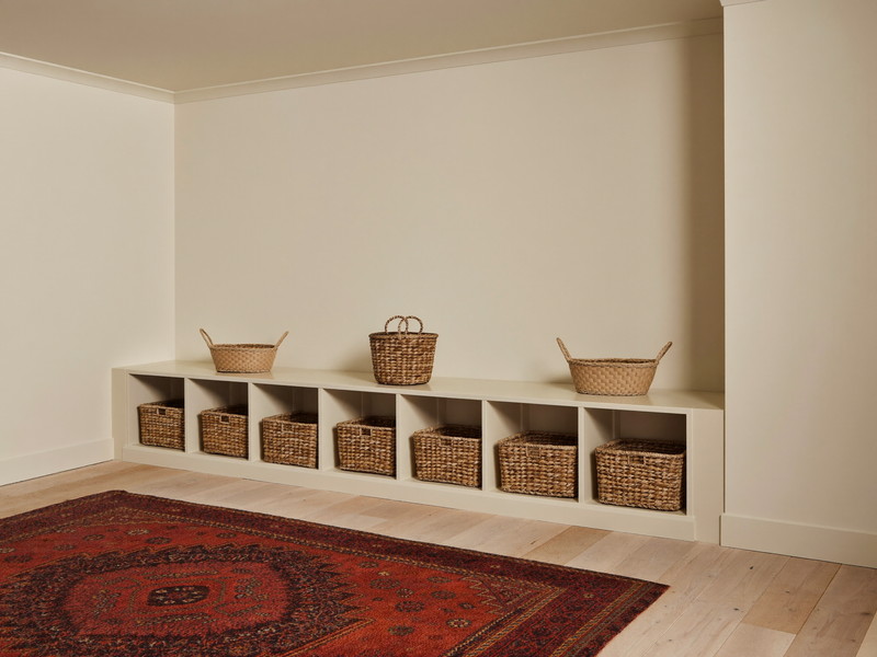 A softly lamplit family corner in a finished Lexington basement with a smooth flat ceiling: a low ivory built-in cubby unit with plain woven baskets, a russet-red patterned wool rug on wide plank flooring, smooth bare ivory walls