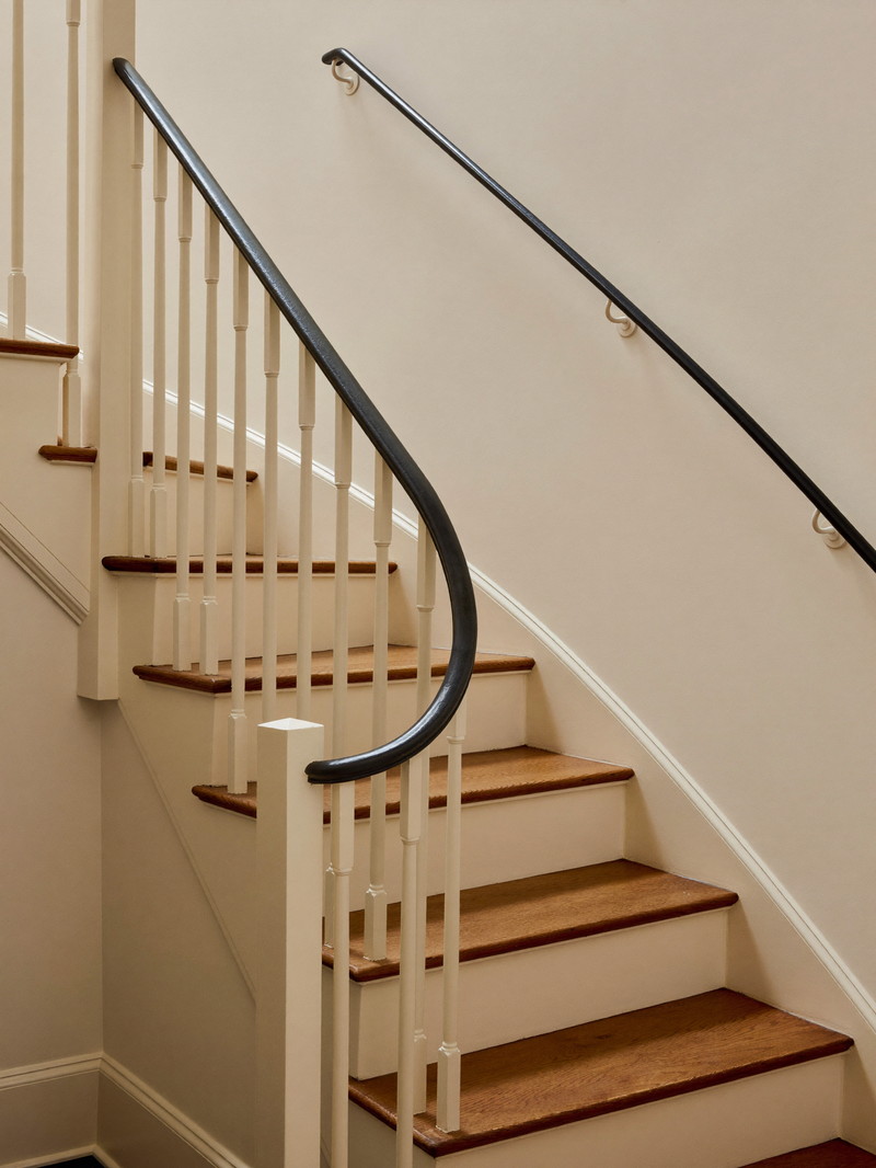 A refinished basement stair in a historic colonial: ivory risers and stringers, warm maple treads, a simple round matte black handrail on plain brackets