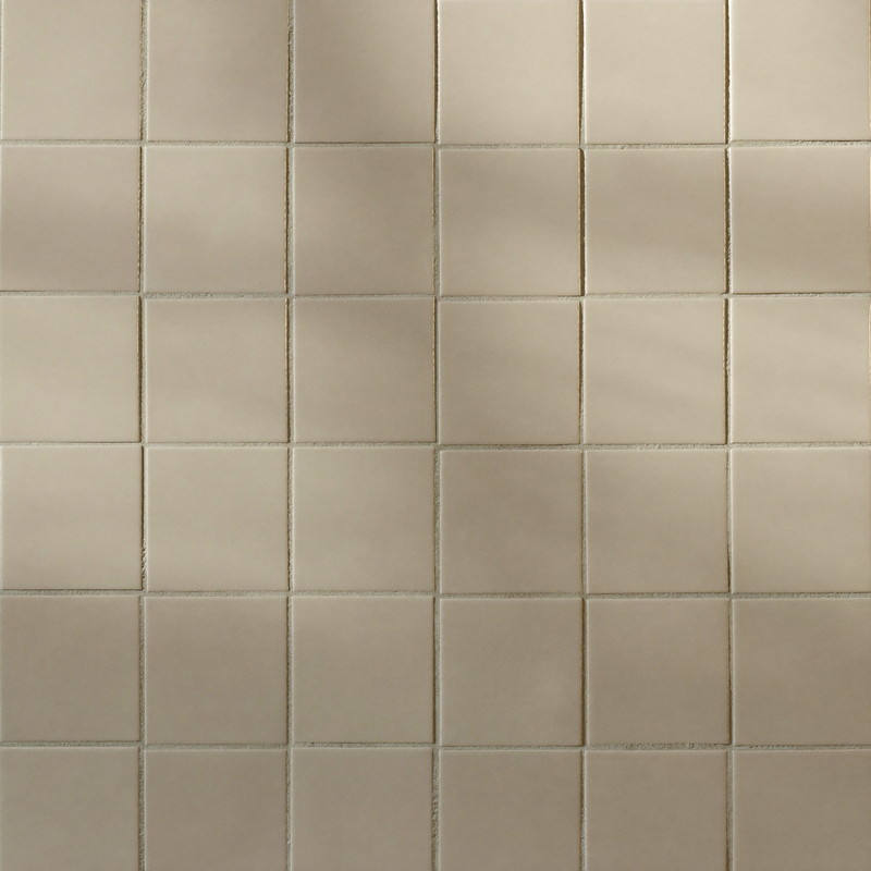 Macro photograph of ivory square ceramic tile with soft satin glaze and thin warm-gray grout lines, plain field tile only, every course straight and flat