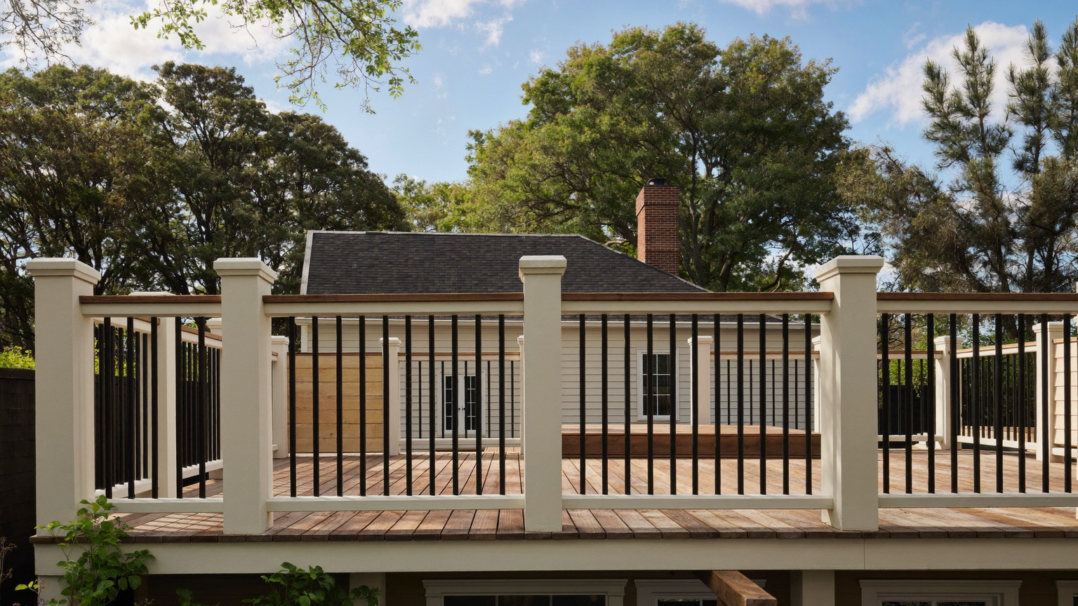 A beautifully rebuilt back deck on a historic Lexington Massachusetts colonial, photographed for a design journal: warm cedar-toned decking
