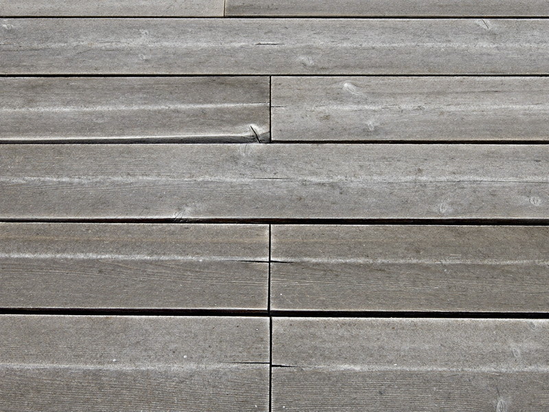 Close-up of old weathered wooden deck boards on a historic colonial before rebuilding: silvered gray checked grain, cupped edges and fine cracks, one board end lifting