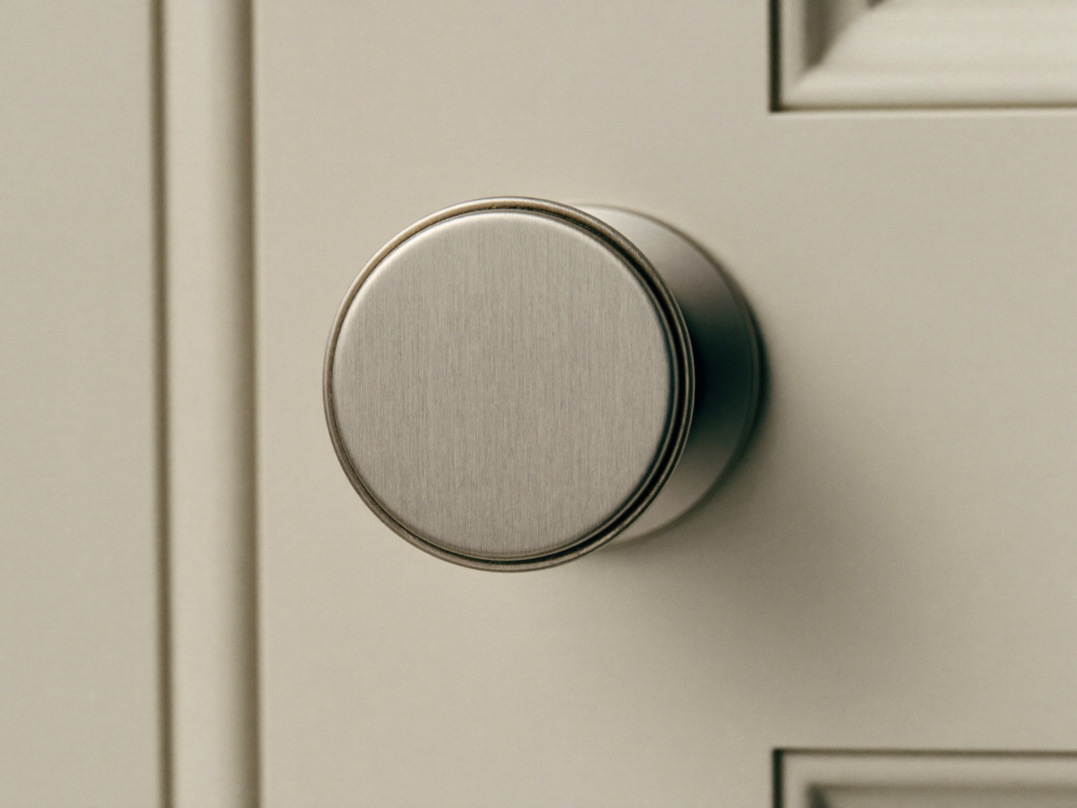 Macro photograph of a brushed pewter round door knob with a perfectly plain smooth face on a simple round rosette, mounted on an ivory paneled door, simple clean form