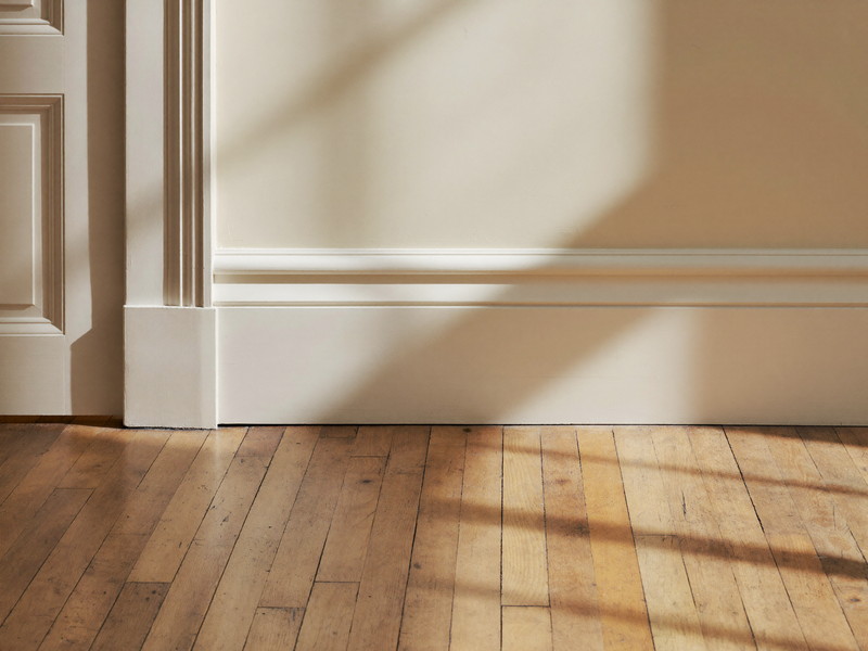 Where crisp white baseboard and door casing meet a refinished maple floor in a historic Lexington room: freshly painted warm ivory wall above, window light