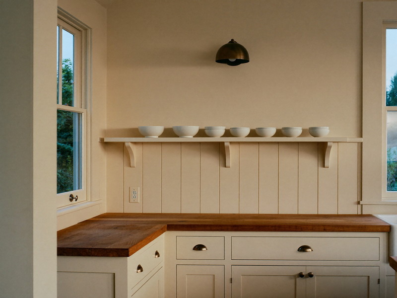 A finished colonial kitchen corner at evening: ivory shaker cabinets with brushed pewter pulls, a completely bare maple butcher-block counter