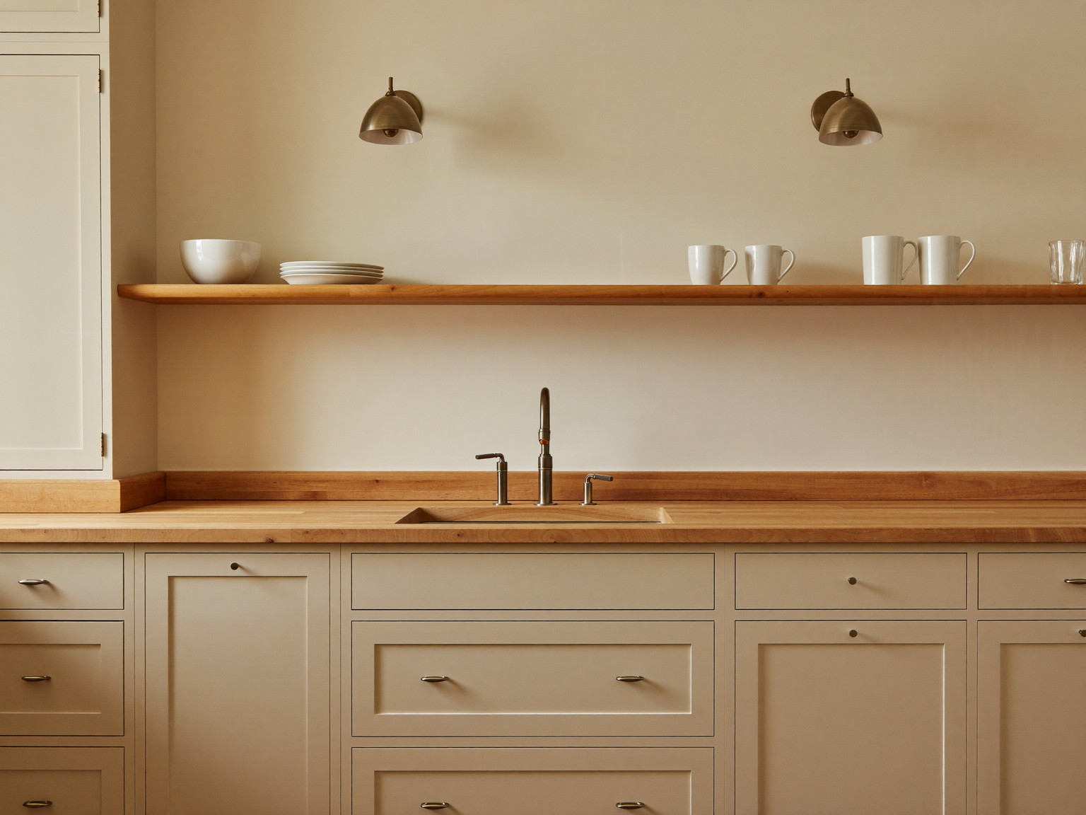 Down the counter run of a renovated Lexington family kitchen: ivory shaker cabinetry, warm maple butcher-block counters completely clear