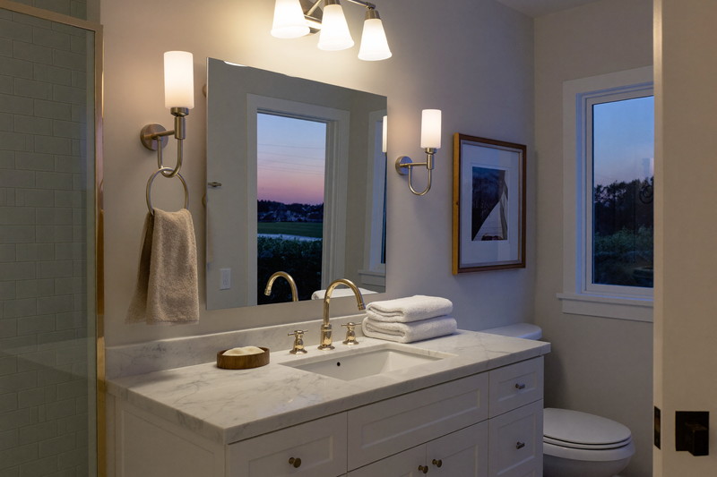 A calm finished suburban bathroom at dusk: nickel sconces lit beside a framed mirror, white shaker vanity, marble top, white tile glowing warm, folded towels