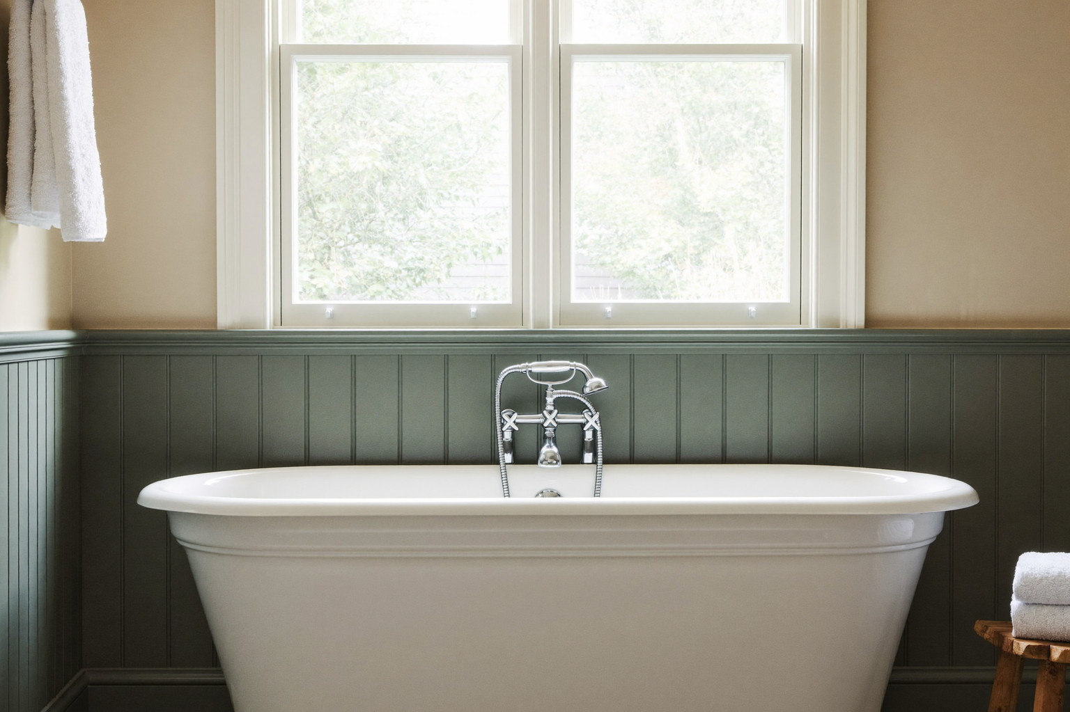 Wide photograph of a colonial home bathroom: white freestanding tub under a bright double-hung window, dove-gray wainscot
