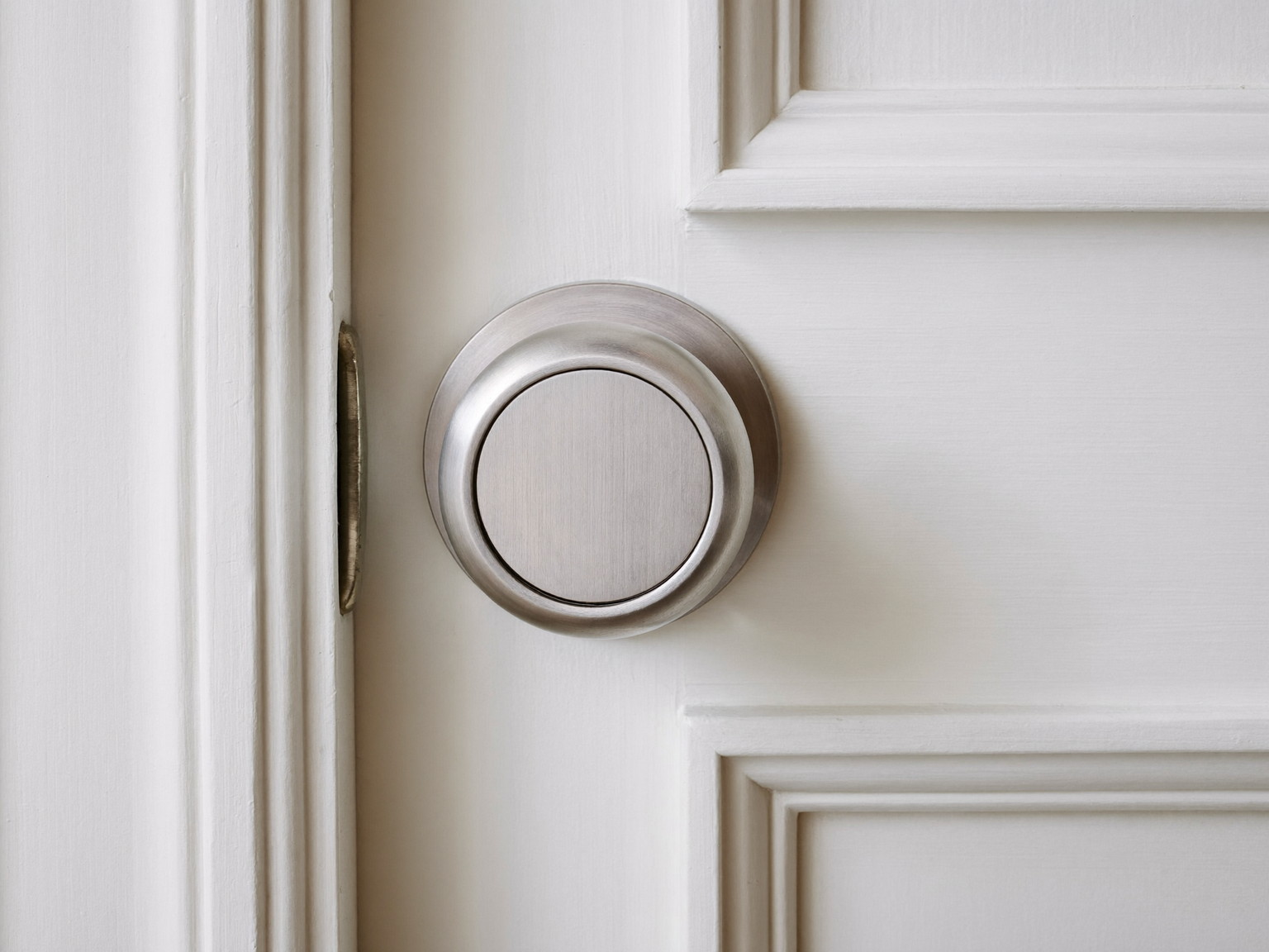 Quality door hardware on a painted white paneled door: plain brushed nickel hinges and smooth unmarked knob